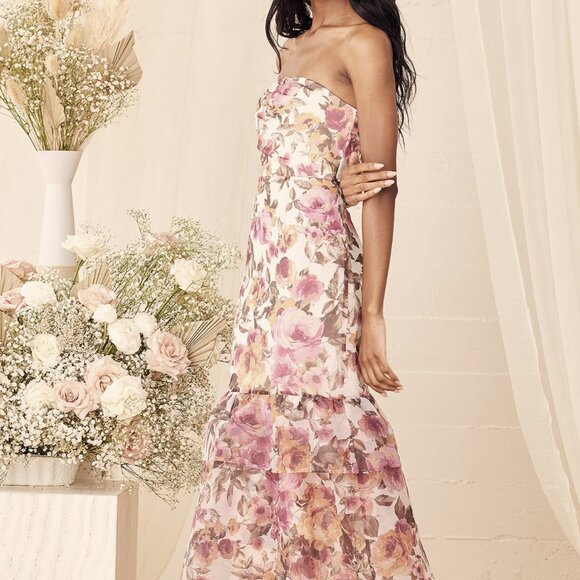 NWT Lulus Fleur of Dreams Ivory and Pink Floral Print Organza Maxi Dress - Picture 4 of 14